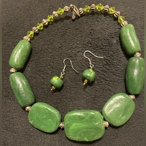 One of a Kind Green Swirl Beaded Necklace and Earring Set